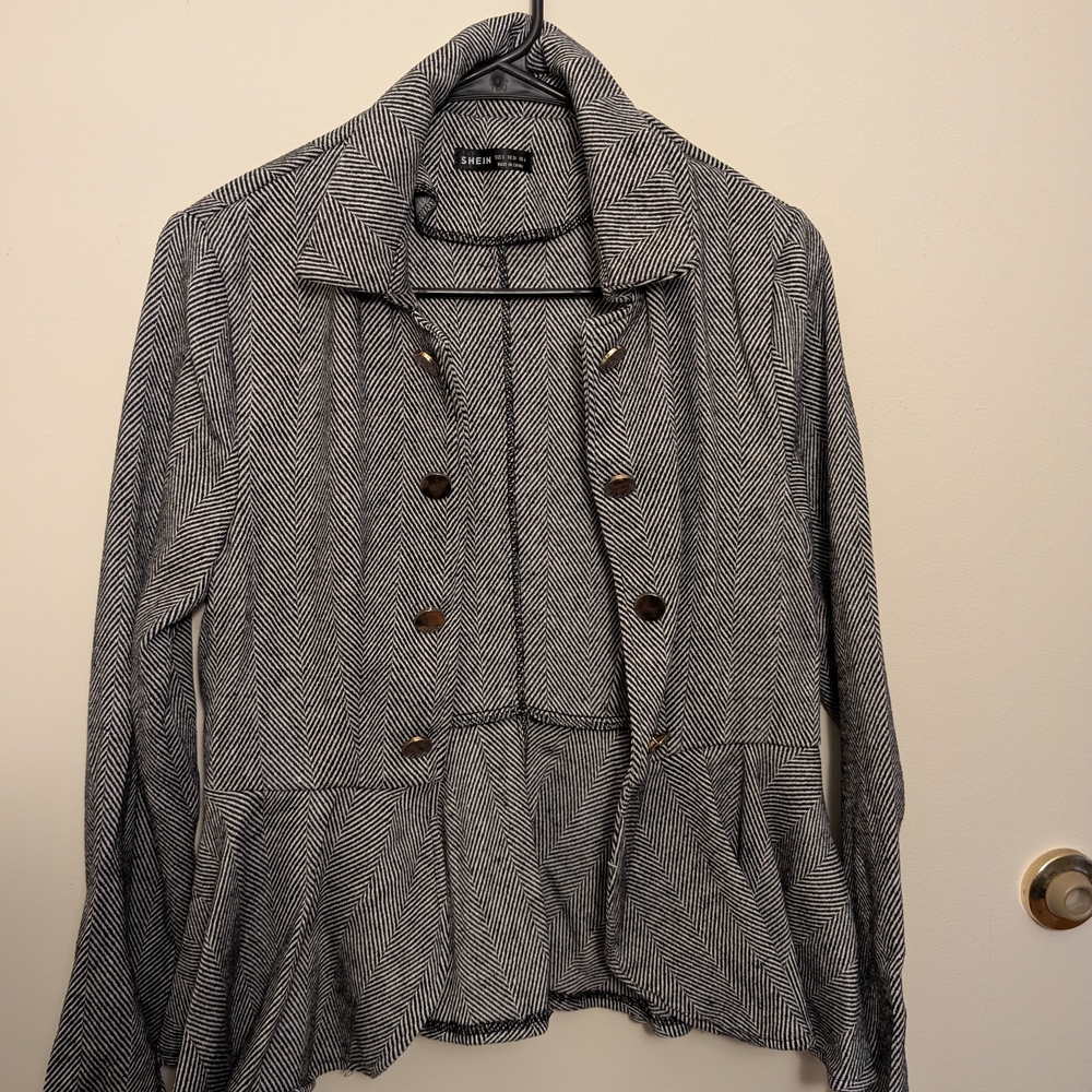 Shein Women's Gray Herringbone Peplum Hem Coat Jacket (Light Gray)